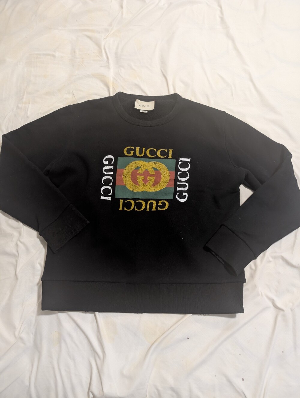 Gucci Vintage Distressed Black Crewneck Sweatshirt with Multicolor Logo - Large